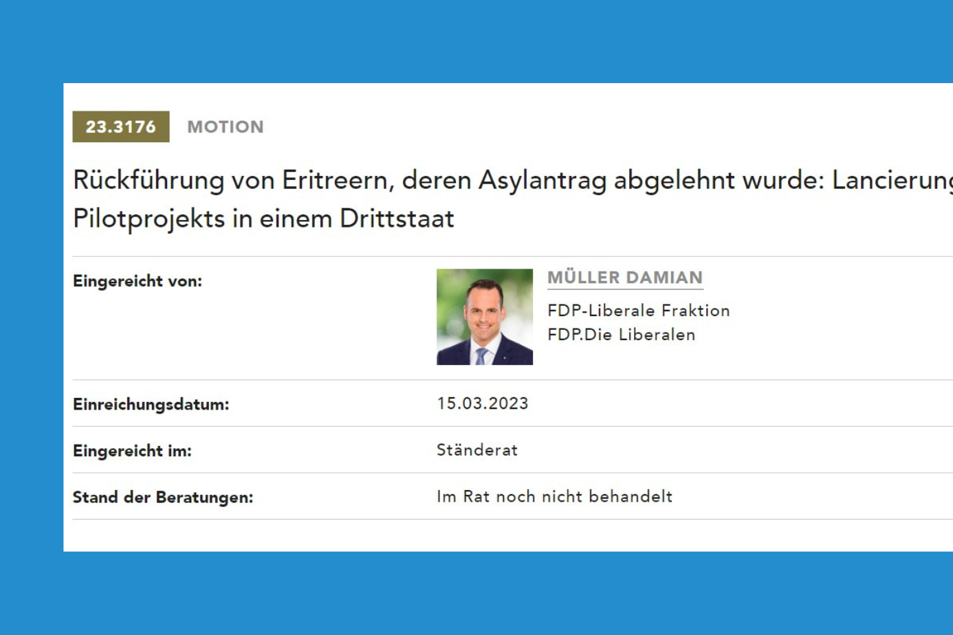 Capture d'écran de parlament.ch. La capture d'écran montre la motion de Damian Müller.