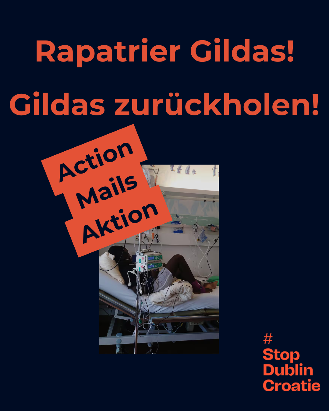 Photo de Gildas sur son lit d'hôpital avec l'inscription "rapatrier Gildas - Gildas zurückholen!"