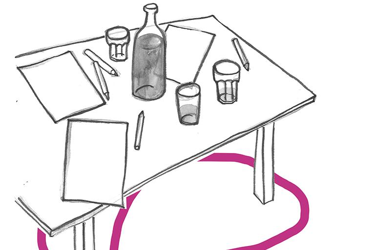 Dessin d'une table avec des verres, des stylos et des feuilles de papier