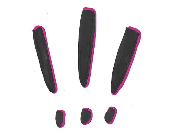 Dessin de trois points d'exclamation au feutre noir avec contours rose fluo