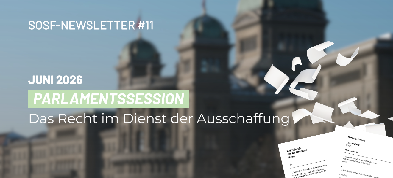 Foto des Bundehaus im Hintergrund mit dem Titel "Das Recht im Dienst der Ausschaffung"