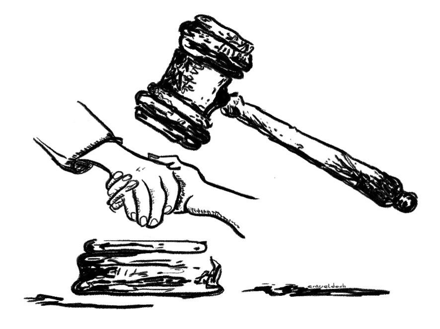 Zeichnung eines Justizhammer auf zwei solidarische Hände
